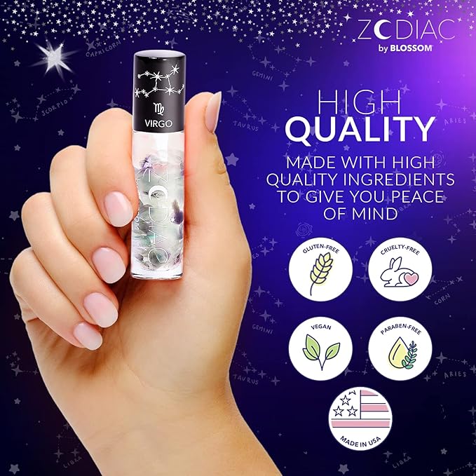 Blossom Juicy Jelly Moisturizing Lip Care Fruit Flavored Nourishing Lip Oil + Zodiac Sign Vanilla Scented Roll On Lip Gloss with Crystals, 2 Pack Bundle, Grape/Virgo