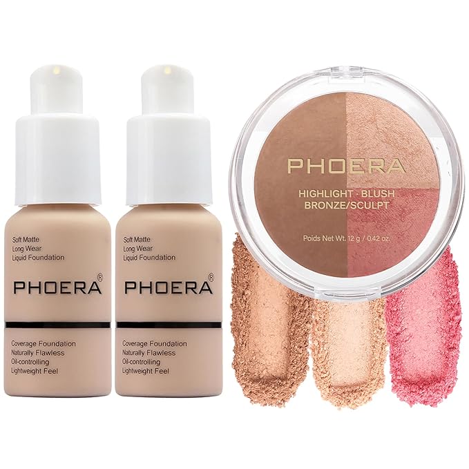 PHOERA Foundation, PHOERA Contour Palette,Shades with Highlighter & Contour/Nude+ Nude+#002)