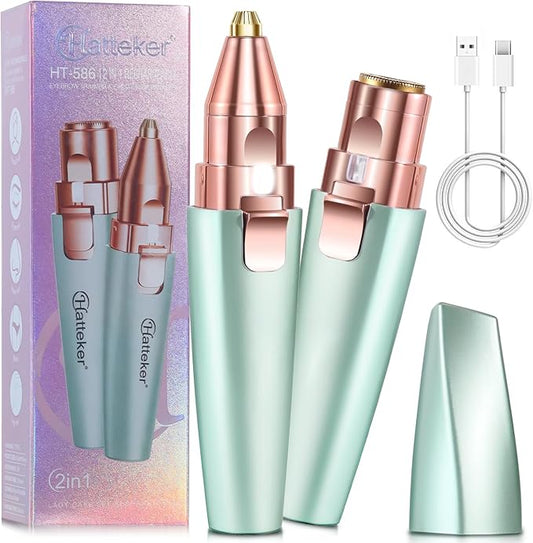 Hatteker Eyebrow Facial Trimmer, 2 in1 Rechargeable Hair Removal and Eyebrow Shaver - Face Lips Body Painless Razor with Built-in LED Light (Green)