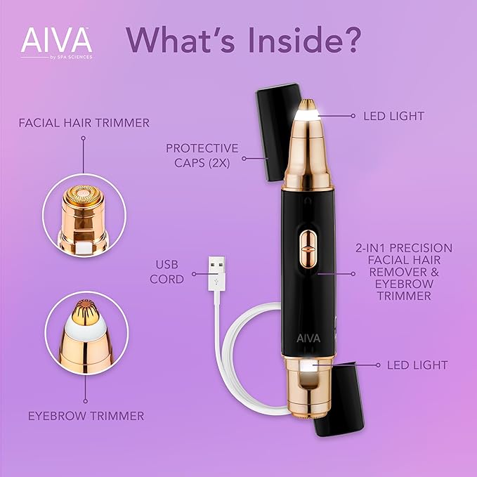 SPA SCIENCES - AIVA - The 2-in-1 Facial Hair Remover & Eyebrow Trimmer with Built-in LED Lights