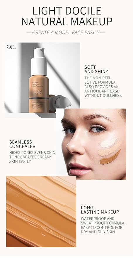 QIC Waterproof Matte Concealer BB Liquid Foundation Cream Warm Peach 30ml