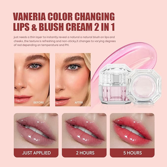 VANERIA Color Changing Blusher,Creme Blush Ph Temperature Change,Waterproof,Long with Brush(/0.14oz) 4g
