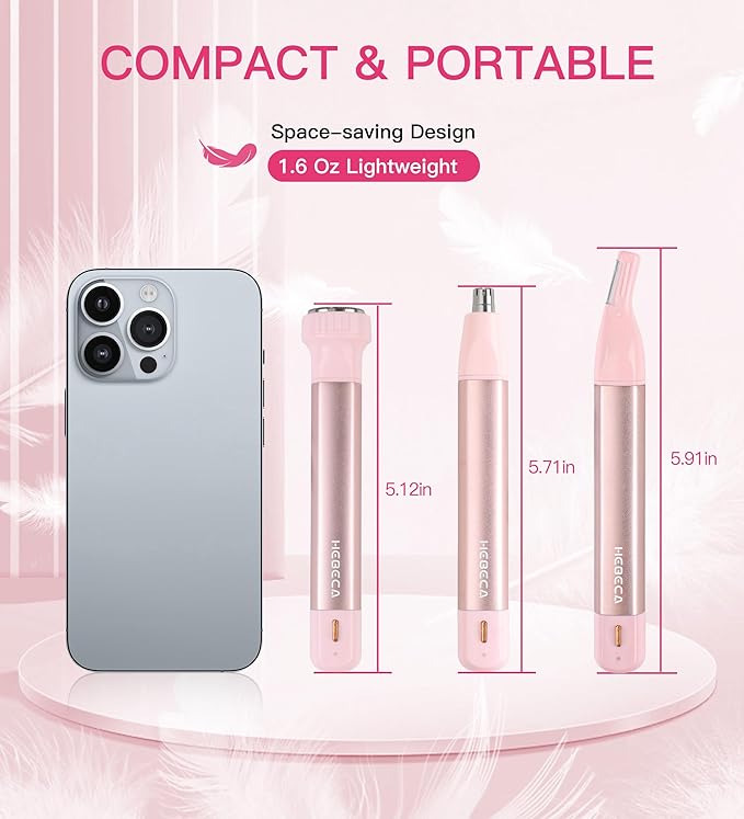 Nose Hair Trimmer for Women 3in1 Facial Hair Removal Trimmers with Storage Base - Waterproof, Portable USB Rechargeable with Travel Bag- Trims Nose, Ear, Eyebrow, Peach-Fuzz, Lips, Chin Face Hair