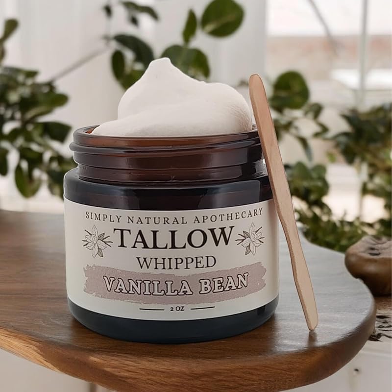 Beef Tallow for Skin Care, Face, Hands - Natural Moisturizer - Whipped - Organic Grass-Fed Beef Fat - Vitamins A, D, E, K - Dry Skin, Baby Diaper Cream - Hydrating - Warm Vanilla - 2 oz Jar