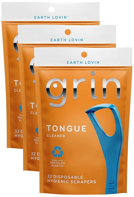 GRIN Tongue Cleaner, 32 Count, Disposable Tongue Cleaner, Hygienic Scraper, Recycled Plastic, Clean Tongue, Promote Fresh Breath, Includes Safe Fold- Back Tooth Pick (Pack of 3)