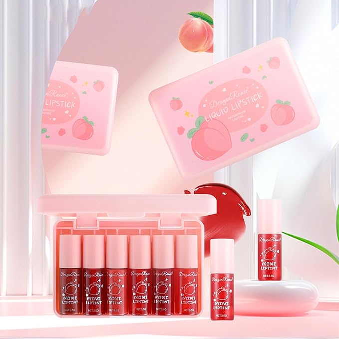 6 Colors Lip Tint Stain Set, Korean Lip Tint, Multi-use Lip and Cheek Tint Watery Lip Stain Long Lasting Waterproof, Lightweight, Non-sticky, High Pigment (Peach)