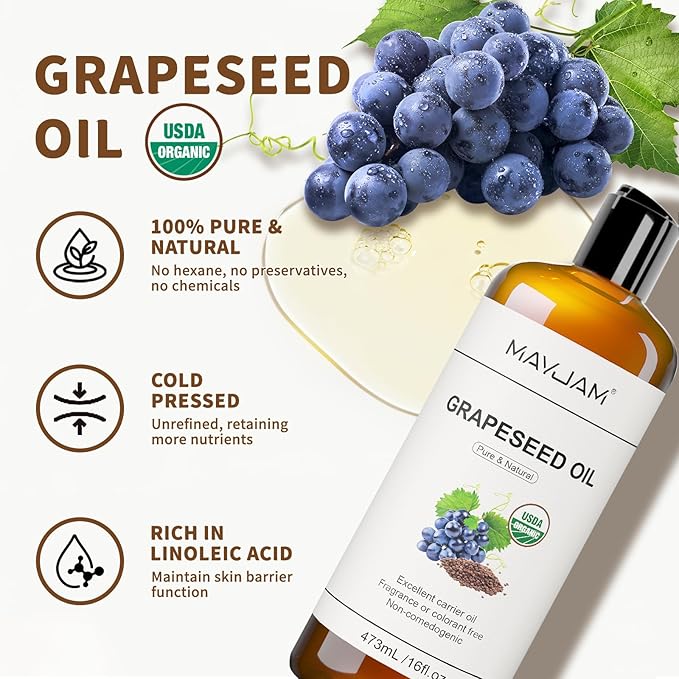 Organic Grapeseed Oil 16Oz: 100% Pure&Natural ColdPressed Carrier Oil USDA Certified Grape Seed Extract HexaneFree Unscent Liquid Moisturizer,Massage Body Face Oil for Women&Men Face Skin&Hair