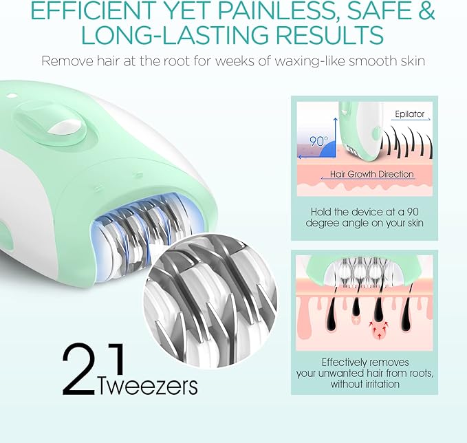Epilator for Women-Cordless Epilators Hair Removal for Women, 4-in-1 Electric Razor Hair Remover, 2 Speeds & 21 Tweezers for Face Legs Arms Armpit Bikini, Green HR310