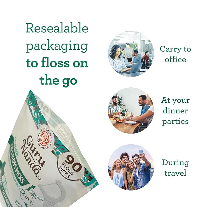 GuruNanda 2 in 1 Dental Floss Picks - Non-Slip Grip Handle, Slide Easy, No Break or Shred Flosser - Complete Oral Care with Interdental Pick for Healthy Teeth & Gums - Mint Flavor, 90 Count (1 Pack)