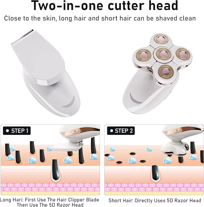 Electric Razors for Womens, 2-in-1 Best Shaver for Women, Rechargeable Trimmer with Detachable Head for Women's Legs, Bikini, Face, Lips Hairs, Cordless Wet Dry Facial Hair Removal for Women