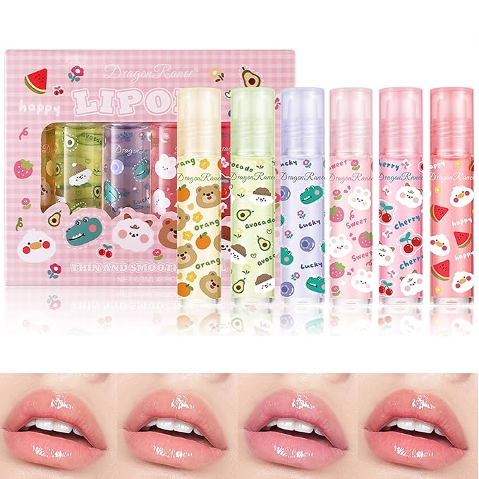 Lip Gloss Clear Jelly Lipstick Set, 6Pcs Roll On Lip Gloss Long Lasting Moisturizing Lip Balm Lip Glow Oil Nutritious Balm Lip Makeup for Women Girls