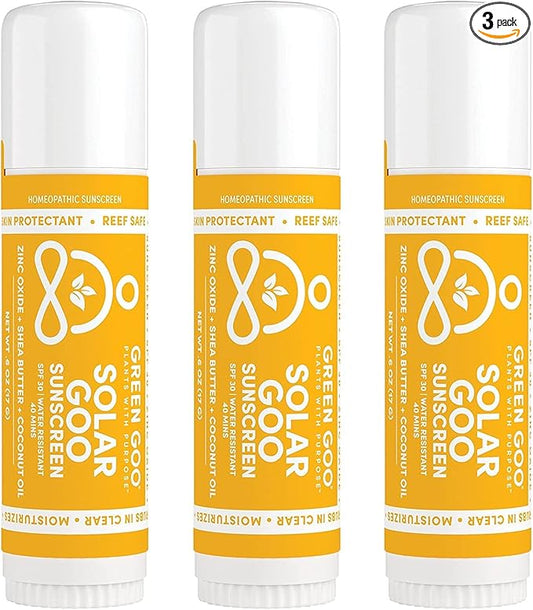 Green Goo Natural Skin Care Salve, Solar Goo, 30 SPF Sunscreen, 0.6-Ounce Stick, 3-Pack
