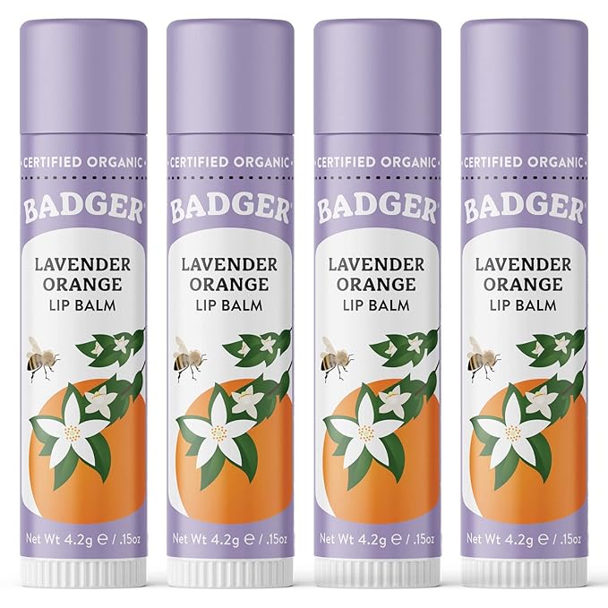 Badger Lavender Orange Classic Lip Balm, 100% Organic Balm, Long Lasting Lip Care w/Light Silky Texture, Uplifting Orange & Calming Lavender Lip Balm, 4 Pack
