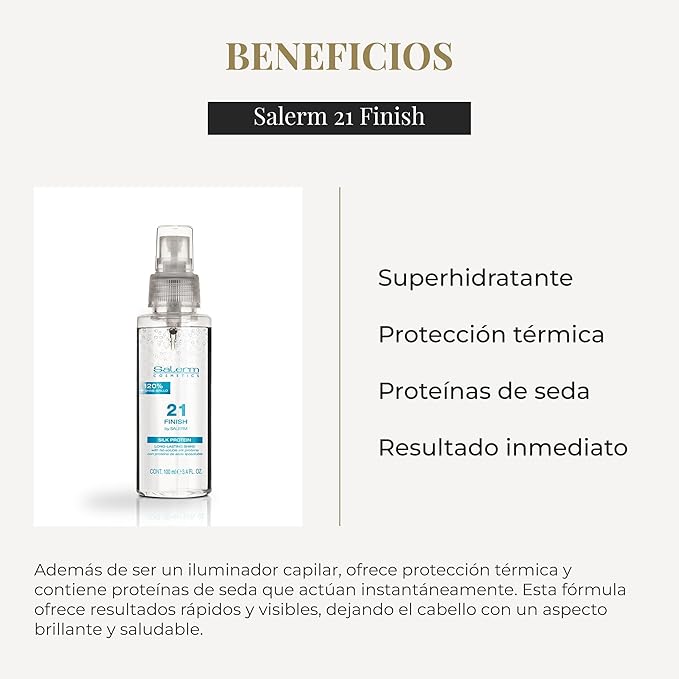 SALERM - Illuminating Hair Spray - Salerm 21 Finish - 100 ml - with Silk Proteins - Final Illuminating Touch - Hydrates and Adds Shine to Hair - Immediate Result - Heat Protector