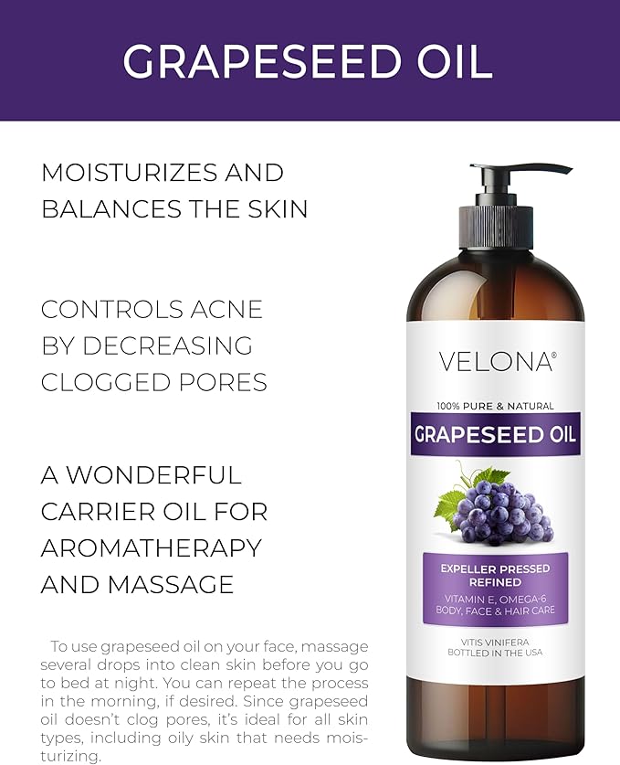 Grapeseed Oil by Velona - 32 fl oz | 100% Pure and Natural Carrier Oil | Refined, Cold Pressed | Cooking, Skin, Face, Body, Hair Care | Use Today - Enjoy Results