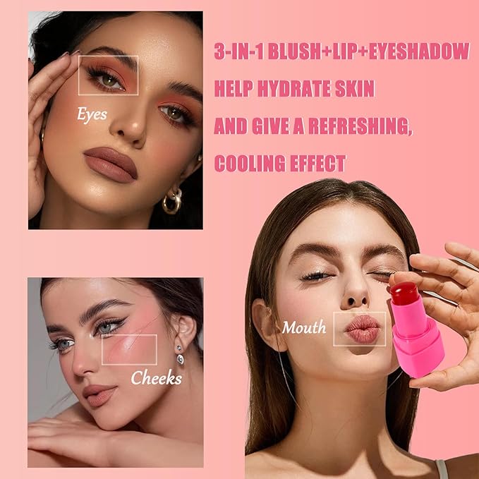 Water Jelly Tint Blush, 3-In-1 Multi-Use Blush Cream Blush Stick for Eyes, Cheeks & Lips, Hydrating & Bouncy Jelly Texture, Blends Perfect for Skin Portable Multipurpose Long Lasting Waterproof(03, s)