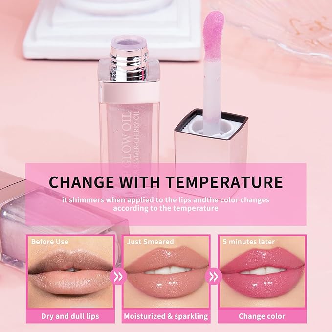 2PCS Hydrating Lip Glow Oil, Plumping Lip Gloss, Clear to Pink Lip Oil Gloss, Transparent Moisturizing Lip Balm, Natural Lip Plumper, Lip Plumper Gloss Make Lips Fuller and Moisturizing