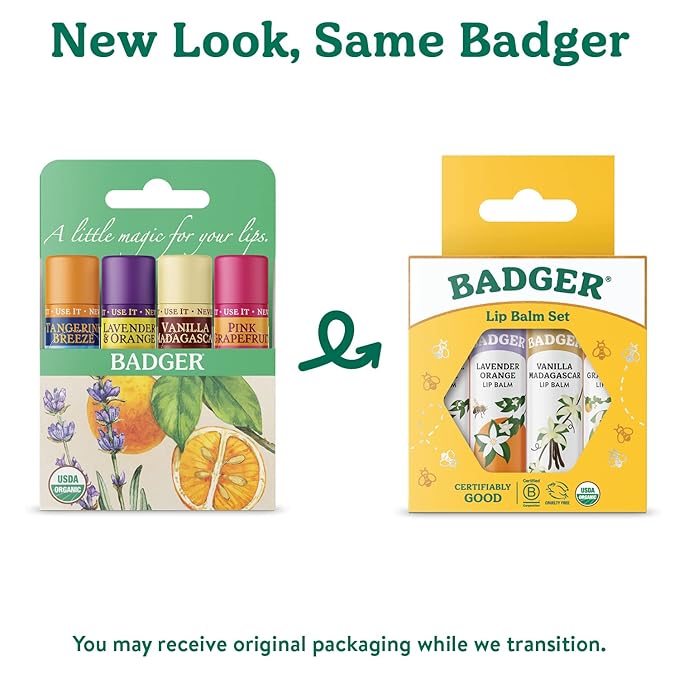 Badger Classic Organic Lip Balm Set - Yellow Box, Light Silky Long Lasting Lip Moisturizer Gift Set, All Natural Lip Balm Variety Pack Lip Set (Tangerine, Lavender Orange, Vanilla, Grapefruit), 4 pack