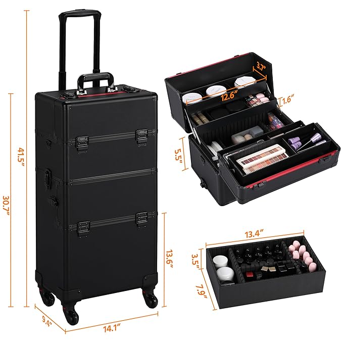 Yaheetech Makeup Train Case 3 in 1 Professional Cosmetic Trolley Multi-Functional Organizers Large Storage Traveling Cart Trunk for Nail Tech - Black