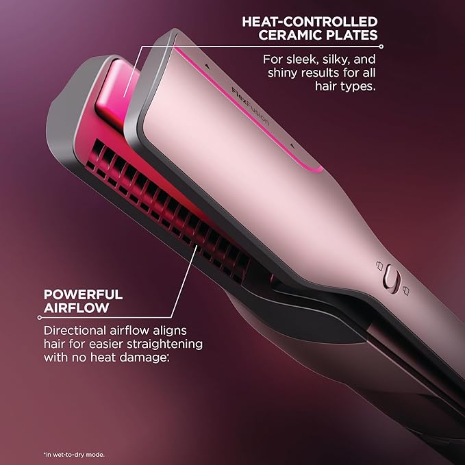 Shark FlexFusion Hair Straightener & Powerful Hair Dryer with Diffuser, Fusion Hair Brush, Ceramic Air Styler with Auto-Wrap Hair Curlers, Ceramic Plates, Cosmic Blush HD642S