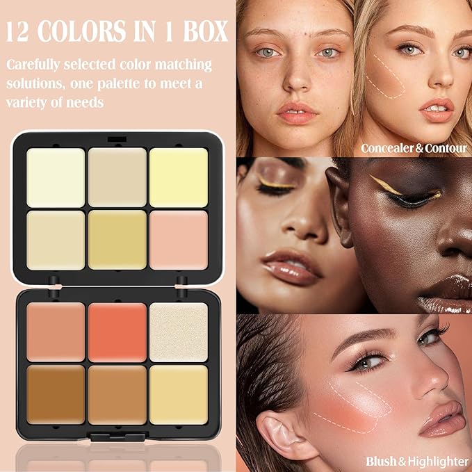 12 Colors Cream [Blush Contour Concealer Highlighter] Makeup Palette for Cheeks - All in One Makeup Palette Kit with Brush, Long Wearing Waterproof Blendable Face Make Up Pallete (#04)