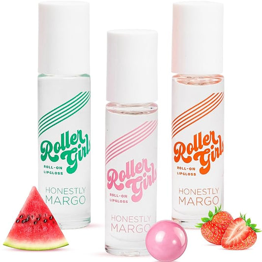 Roller Girl Roll-On Lip Gloss (Strawberry Amber, Watermelon Alexis, Bubblegum Destiny - Pack of 3) – Lip Gloss for Women with Hydrating Vitamin E & Moisturizing Shine, Non Stick Gloss