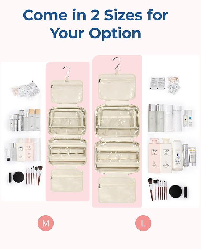 BAGSMART Travel Toiletry Bag with Jewelry Organizer, Hanging Travel Bag for Toiletries, Puffy Makeup Cosmetic Bag Organizer, Carry-on Travel Accessories Essentials, Beige-L