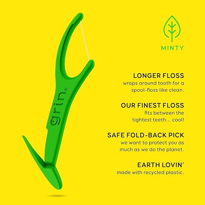 GRIN XtraFine Flosspyx, Floss Picks, 75 Count, Dental Flossers, Minty Flavor, Recycled Plastic, for Super Tight Teeth, Longer Floss Head, Slide Between Teeth, Includes Safe Soft Fold-Back Tooth Pick