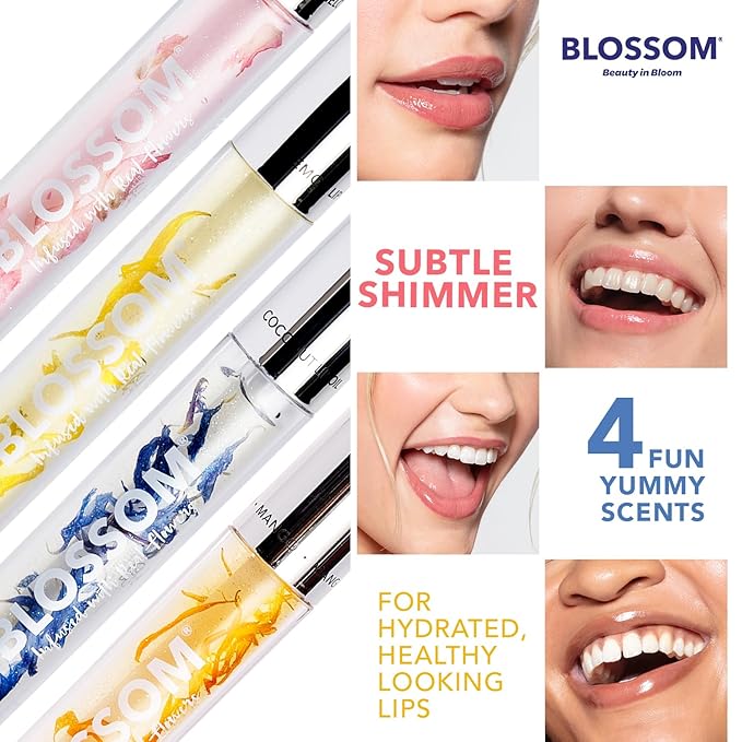 Blossom Moisturizing and Hydrating Shimmer Sparkle Lip Oil with Olive Oil + Grape Seed Oil, Infused with Real Flowers, 6g, Holiday Stocking Stuffer, 2 pack, Coconut/Watermelon