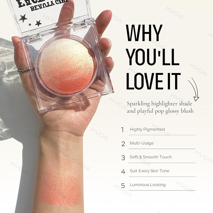 KYDA Baked Blush, Coral Glow Powder for Blush and Highlighter, High Glossy Finish, Lightweight Blendable Shimmer Blusher, Multiuse Baked Powder, 0.53 oz