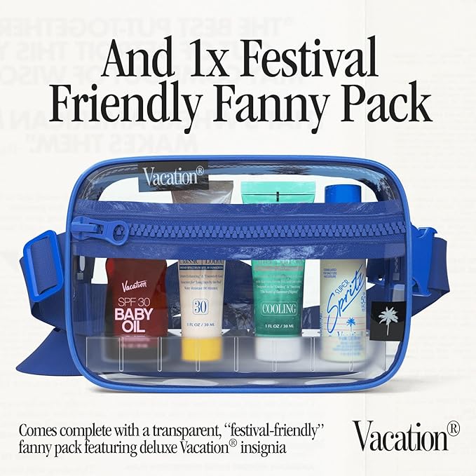 VACATION Sun Belt Sampler Kit, SPF 30-50 Sunscreen Pack, Includes Classic Lotion, Super Spritz Face Mist, Baby Oil, After Sun Gel, Festival Friendly Fanny Pack