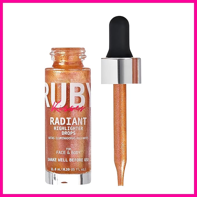 Ruby Kisses Radiant Drops, Shimmer Liquid Highlighter Makeup, (BLUSH GOLD)