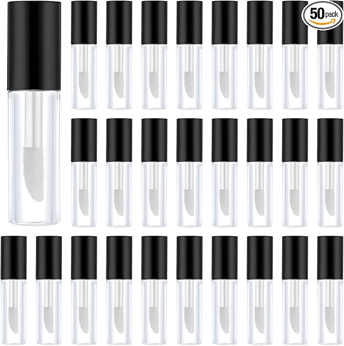 Clear Mini Lip Gloss Tube Empty Lip Balm Containers With Black Lid, 50 Pcs Clear Mini Lip Gloss Containers, 1.2ml/0.04oz Empty Cosmetic Sample Tubes with Black Cap