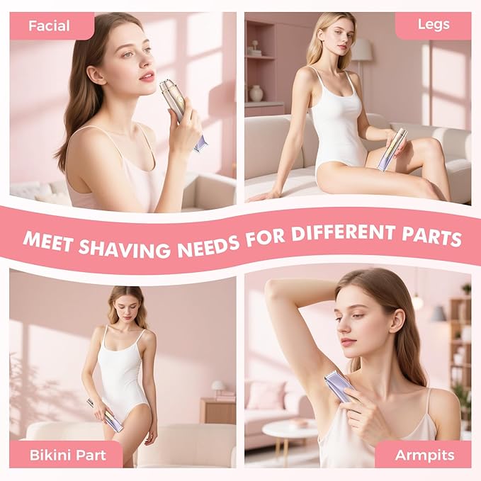2 in 1 Bikini Trimmer for Women, Dual Head Electric Razor, IPX7 Waterproof Wet/Dry Use Women Electric Shaver, Painless Body Facial Hair Remover for Bikini Legs Arm Underarm, Rechargeable