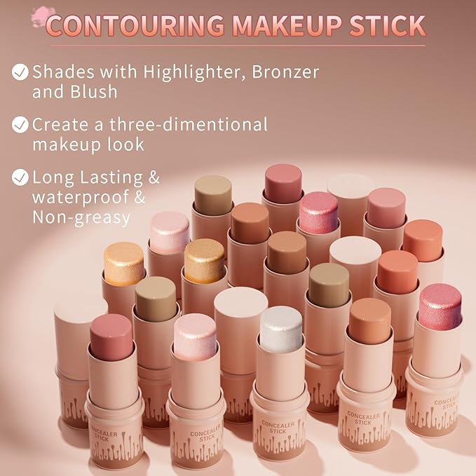 3Pcs Cream Contour Stick, with Highlighter Stick Milk