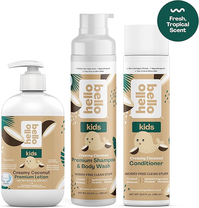 Hello Bello Kid's Conditioner - Hypoallergenic, pH-Balanced & Dermatologist-Tested - Thoughtful Ingredients - Coconut, 10 Fl Oz (2 Pack)