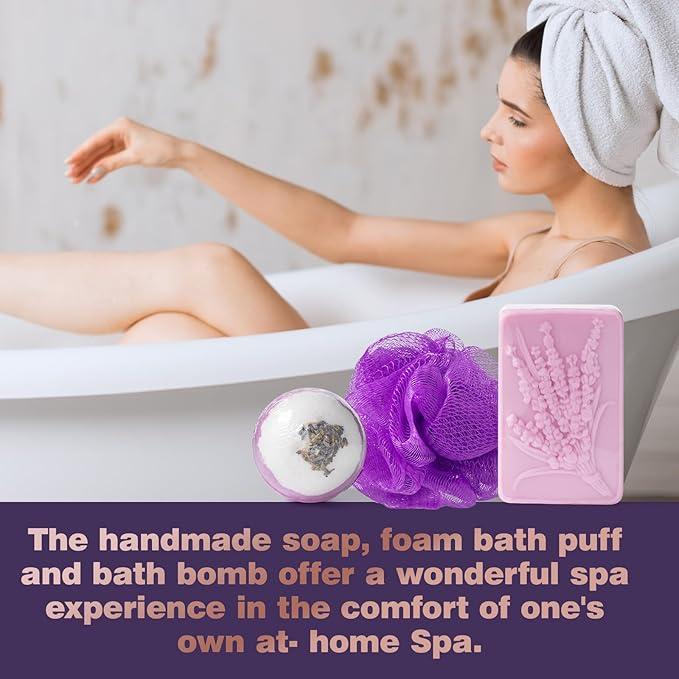 Bath and Body Gift Basket for Women and Men - Lavender Relaxing Spa Set With Massage Body Rush, Bath Bomb - Birthday Gifts for Her, Mom - Unique Self Care Idea