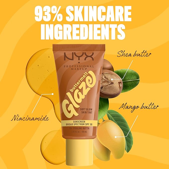 NYX PROFESSIONAL MAKEUP Buttermelt Glaze Soft Glow Skin Tint + SPF 30, Up To 12HR Wear, 06 Praline Butta