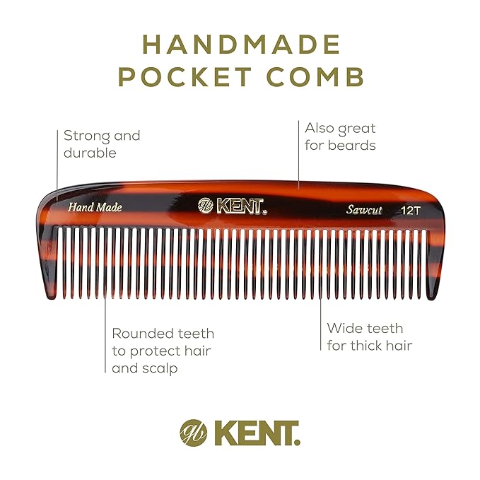Kent 12T Wide-Tooth Detangling Comb - Handmade Pocket Comb for Thick, Curly, Wavy Hair - Large Saw-Cut and Hand-Polished Grooming Comb for Hair, Beard, and Mustache