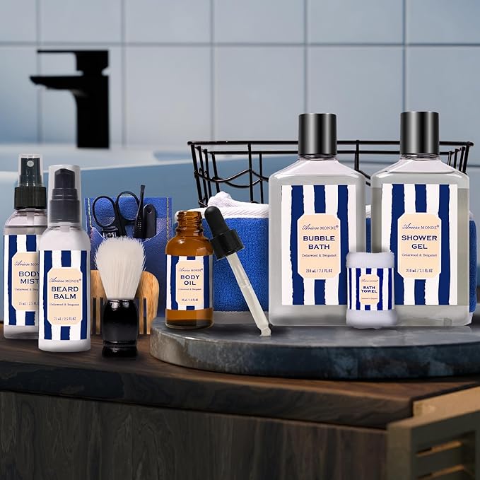 Valentines Day Gifts for Men, Bath and Body Gift Sets for Men with 10 Pcs Cedar & Bergamot Spa Gifts for Men, Bath Sets Includes Shower Gel, Bubble Bath, Body Mist. Perfect Father's Day Gifts for Men