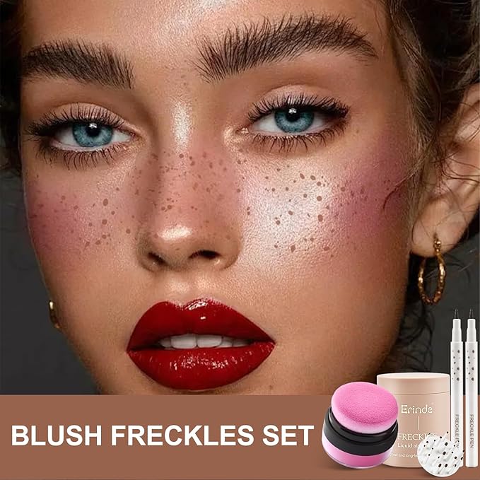 Erinde Natural Freckle Blush Makeup Kit - Liquid Freckle Pen & Fake Freckles Stamp Air Cushion & Powder Cushion Blush, Long Lasting Waterproof Freckles Tattoo Marker for Natural Sunkissed Makeup