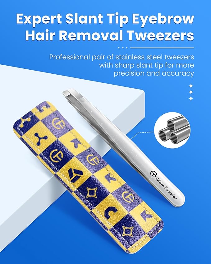 Expert Slant Tip Tweezers with Leather Case, GlamTweeler Sharp & Precision Stainless Steel Tweezer for Eyebrows, Facial Hair and Fine Hairs Removal (Sparkle Silver)