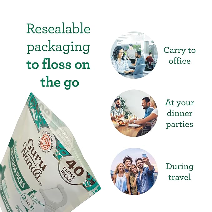 GuruNanda 2 in 1 Dental Floss Picks - Non-Slip Grip Handle, Slide Easy, No Break or Shred Flosser - Complete Oral Care with Interdental Pick for Healthy Teeth & Gums - Mint Flavor, 40 Count (4 Pack)
