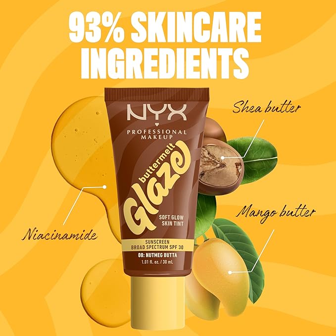 NYX PROFESSIONAL MAKEUP Buttermelt Glaze Soft Glow Skin Tint + SPF 30, Up To 12HR Wear, 08 Nutmeg Butta