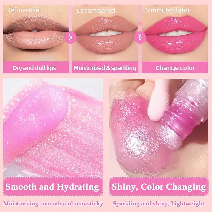 Magic Color Changing Lip Glow, Hydrating Shimmer Tinted Lip Care (Warm Change Tint, Plumping Gloss)