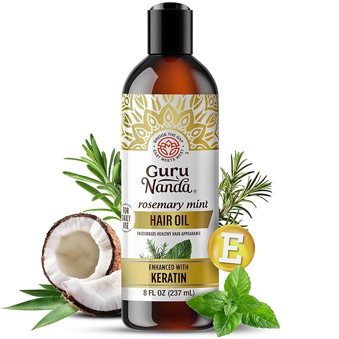 GuruNanda Rosemary Mint for Hair Growth with Keratin & Vitamin E Oil - Encourages Scalp, Shine & Hair Strengthening- 100% Natural, Cruelty-Free, 8oz