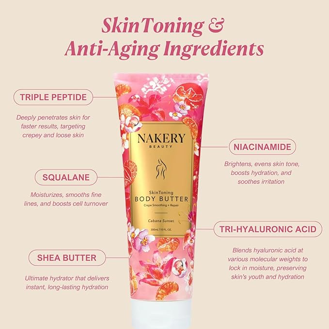 Nakery Skin Toning Body Butter for Women - Firming Body Lotion for Women - Peptide Infused Body Lotion for Crepey & Sagging Skin - Skin Firming Lotion for Neck, Arms & Legs - Cabana Sunset