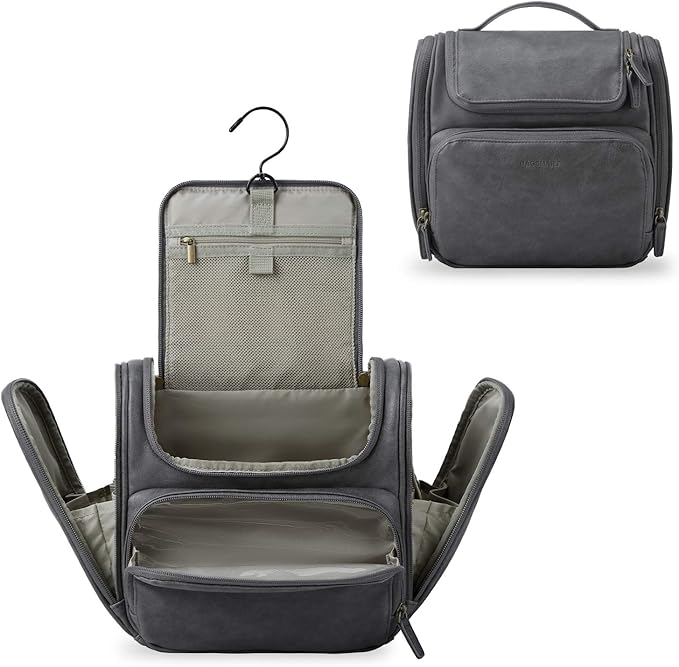 BAGSMART Hanging Toiletry Bag, Water-resistant Leather Dopp Kit, Large Travel Organizer for Full Sized Container, Grey