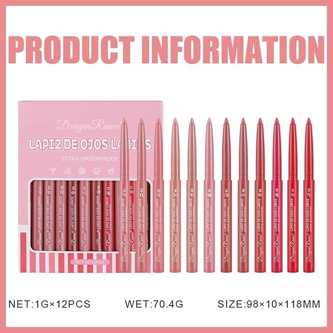 12 PCS Lip Liner Set, Matte Nude Lip Liner Pencil Set, Longwear Lip Liners Set, Waterproof Lipliner Lip Pencil Set, Richly Pigmented Lip Liner and Lipstick, Luxury Intense Lip Liner Pack