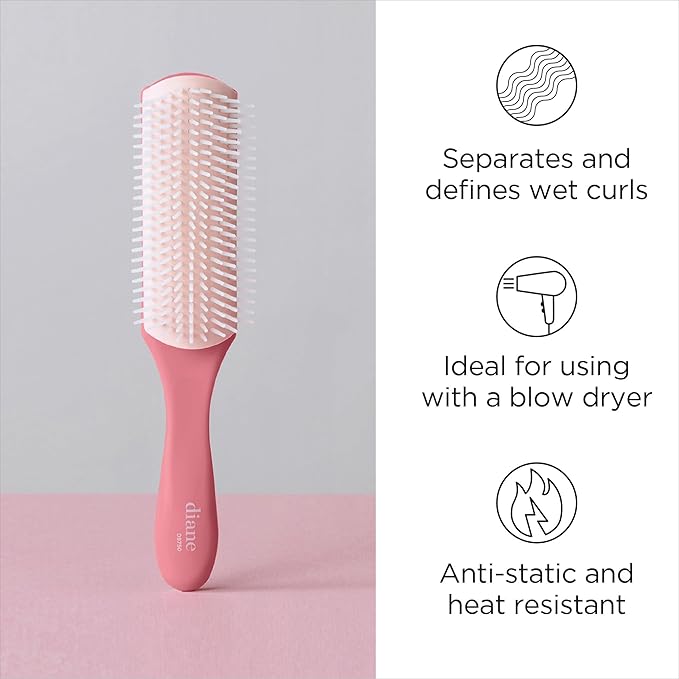Diane Pro Nylon Pin 9 Row Styling Brush for Detangling, Separating, Shaping, and Defining Wet or Curly Hair, Heat-Resistant, Anti-Static, Pink